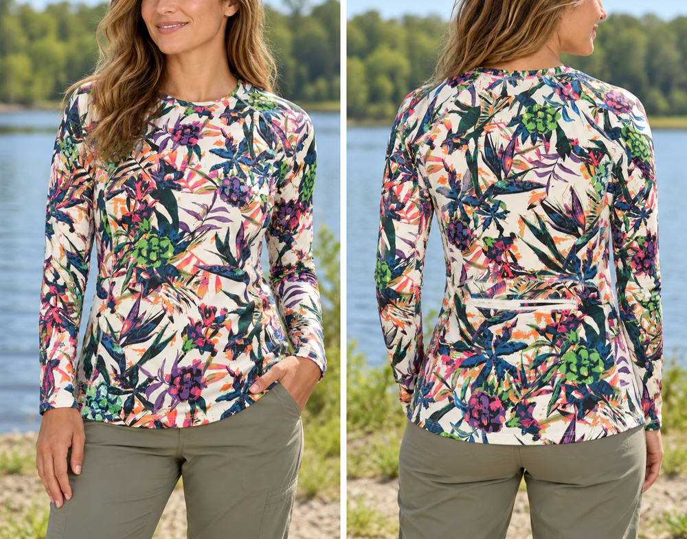 Reel Legends Getaway Packable Womens M Long Sleeve Tropical Floral Sun Shirt